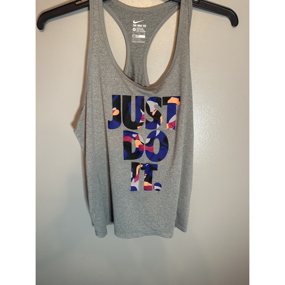 Nike Womens XL Dri-FIT Racerback Tank Top Gray Just Do It Graphic‎ Athletic Cut